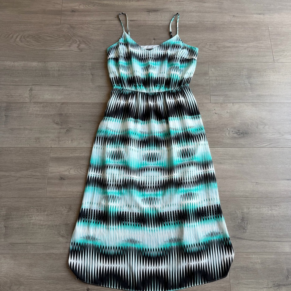 Vince Camuto Black, White & Teal Striped Midi Dress